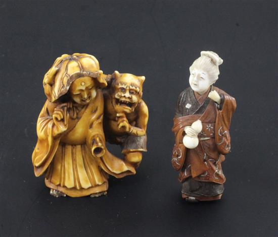 Two small Japanese okimono, 19th / early 20th century, 5.8cm, replacement left hand